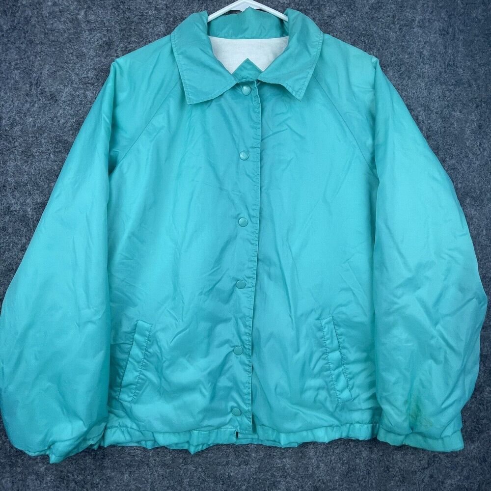 Vintage Current Seen Jacket Large Aqua Windbreaker Lined Bomber Collar 80s Retro